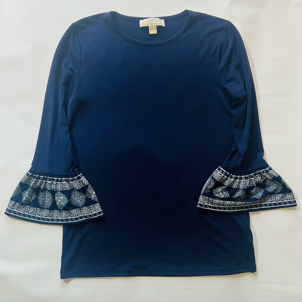 Michael Kors Navy Top with Patterned Bell Sleeves
